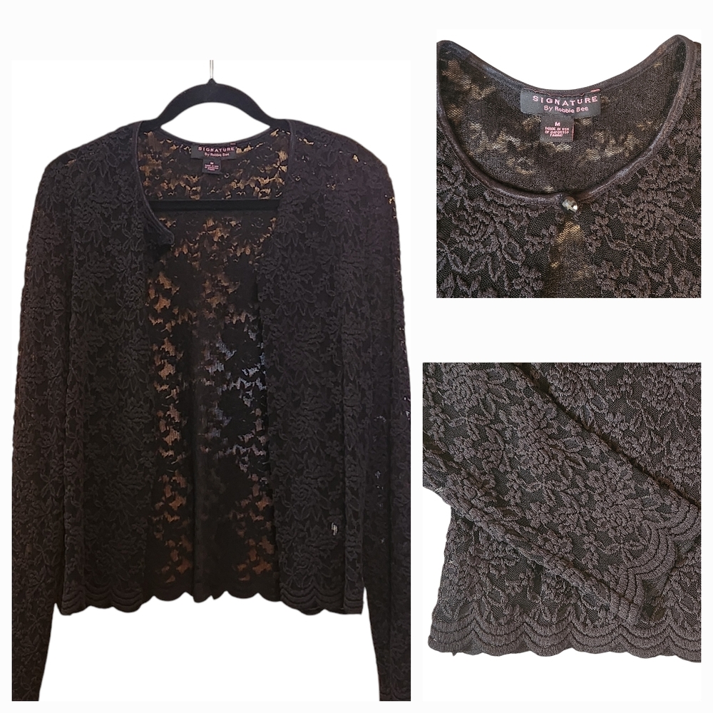 Black Lace Cardigan from Signature by Robbie Bee Scalloped hem, single button M